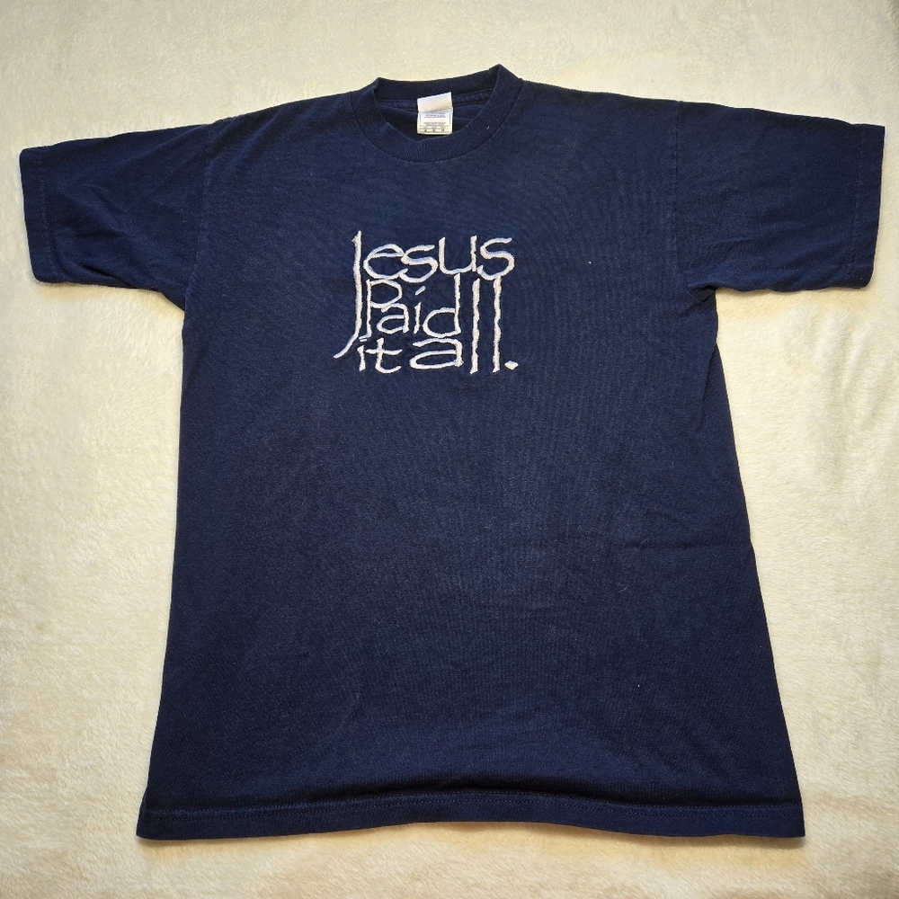 Vintage Y2K Jesus T Shirt Size Medium Jesus Paid It All Embroidered Christian